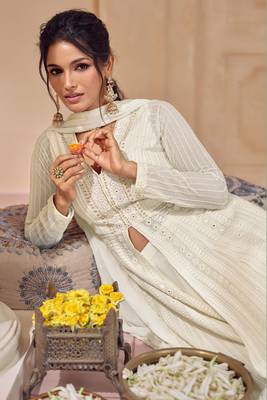 White Embroidered Georgette Stitched Anarakli Suit. Free size full stitched Up To 42" Size 2