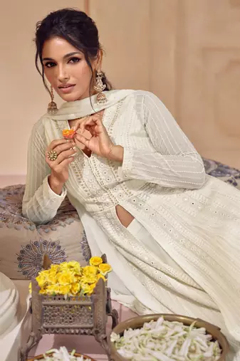 White Embroidered Georgette Stitched Anarakli Suit. Free size full stitched Up To 42" Size