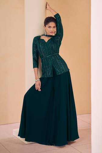 Teal Green Embroidered Georgette Stitched Straight Suit. Free size full stitched Up To 42" Size