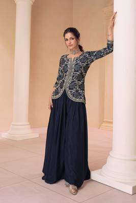 Blue Embroidered Georgette Stitched Straight Suit. Free size full stitched Up To 42" Size 1