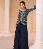 Blue Embroidered Georgette Stitched Straight Suit. Free size full stitched Up To 42" Size