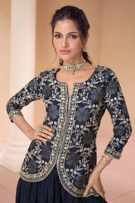 Blue Embroidered Georgette Stitched Straight Suit. Free size full stitched Up To 42" Size 2