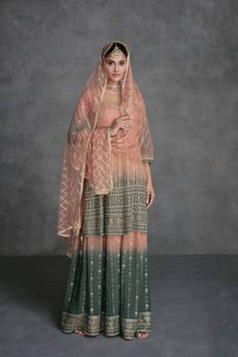 Peach And Green Embroidered Georgette Stitched Anarkali Suit. Free size full stitched Up To 42" Size 1