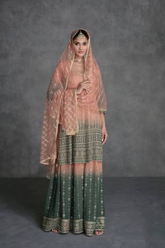 Peach And Green Embroidered Georgette Stitched Anarkali Suit. Free size full stitched Up To 42" Size