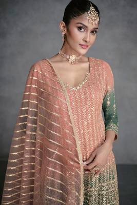 Peach And Green Embroidered Georgette Stitched Anarkali Suit. Free size full stitched Up To 42" Size 2