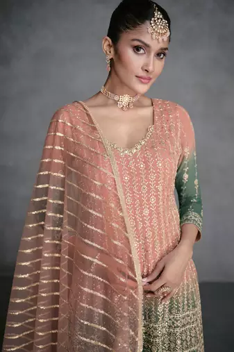 Peach And Green Embroidered Georgette Stitched Anarkali Suit. Free size full stitched Up To 42" Size