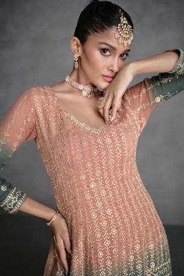Peach And Green Embroidered Georgette Stitched Anarkali Suit. Free size full stitched Up To 42" Size 3