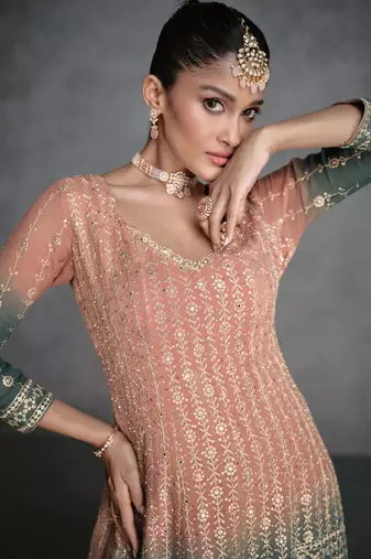Peach And Green Embroidered Georgette Stitched Anarkali Suit. Free size full stitched Up To 42" Size