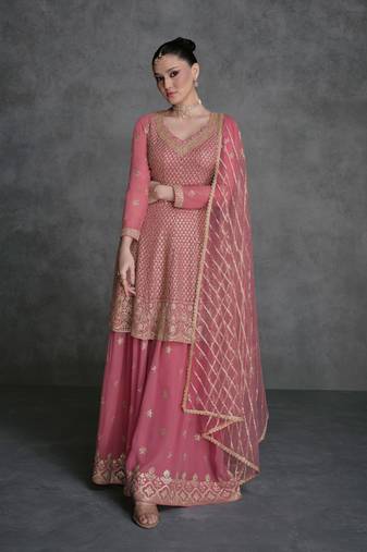 Mauve Embroidered Georgette Stitched Anarkali Suit. Free size full stitched Up To 42" Size