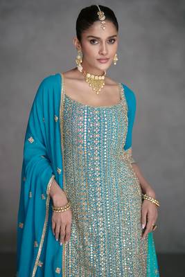 Blue Embroidered Georgette Salwar Suit with Dupatta (size upto 42") 2