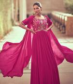 Pink Embroidered Georgette Stitched Gown. Free size full stitched Up To 42" Size