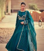 Teal Blue Embroidered Silk Stitched Gown. Free size full stitched Up To 42" Size