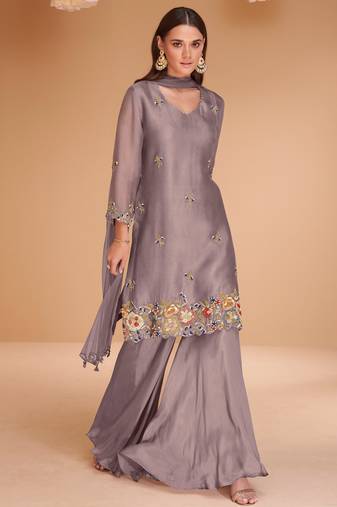 Purple Hand Worked Organza Silk Free Size Stitched Straight Suit. (Size Upto 42)