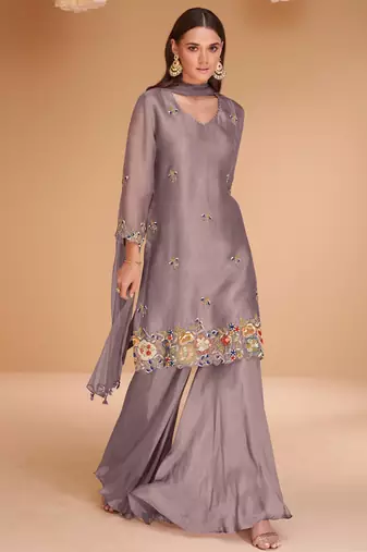 Purple Hand Worked Organza Silk Free Size Stitched Straight Suit. (Size Upto 42)