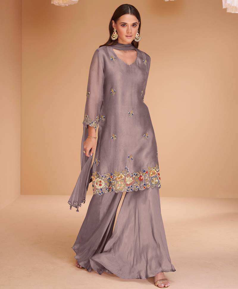 Purple Hand Worked Organza Silk Free Size Stitched Straight Suit. (Size Upto 42)