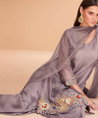 Purple Hand Worked Organza Silk Free Size Stitched Straight Suit. (Size Upto 42) 2