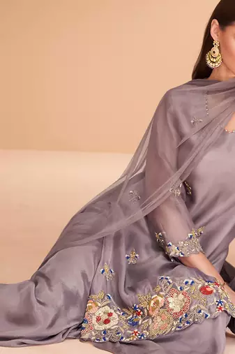 Purple Hand Worked Organza Silk Free Size Stitched Straight Suit. (Size Upto 42)