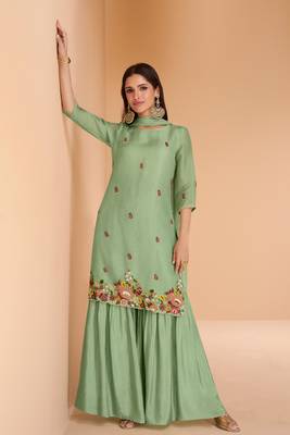 Green Hand Worked Organza Silk Stitched Straight Suit. Up To 40" Size 1