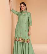 Green Hand Worked Organza Silk Stitched Straight Suit. Up To 40" Size