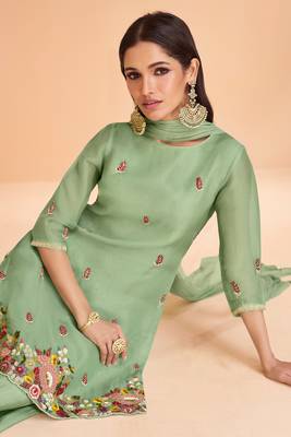 Green Hand Worked Organza Silk Stitched Straight Suit. Up To 40" Size 2