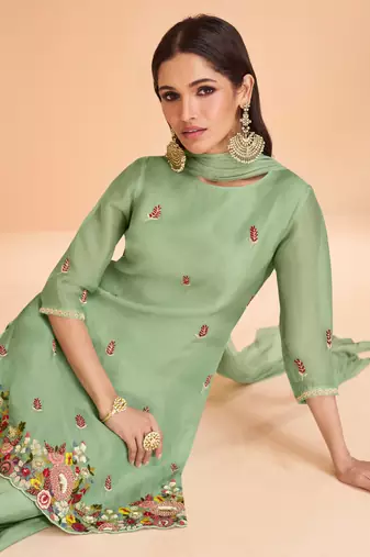 Green Hand Worked Organza Silk Stitched Straight Suit. Up To 40" Size