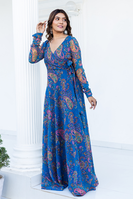 Azure blue mango motif georgette angharkha gown with crepe lining 1