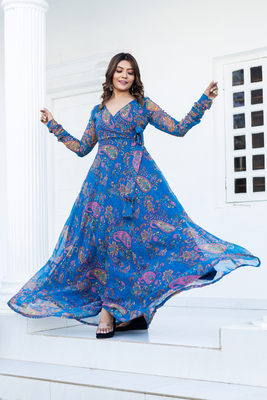 Azure blue mango motif georgette angharkha gown with crepe lining 2