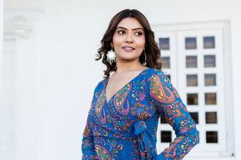 Azure blue mango motif georgette angharkha gown with crepe lining 3