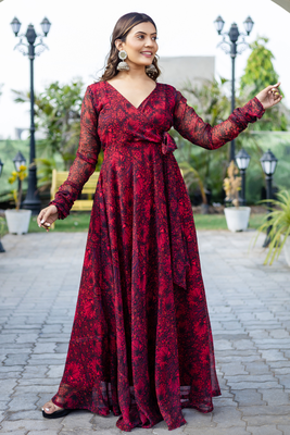 Scarlet red floral printed georgette angharkha gown 1