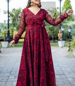 Scarlet red floral printed georgette angharkha gown