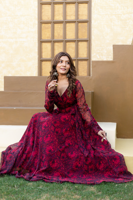 Scarlet red floral printed georgette angharkha gown 2