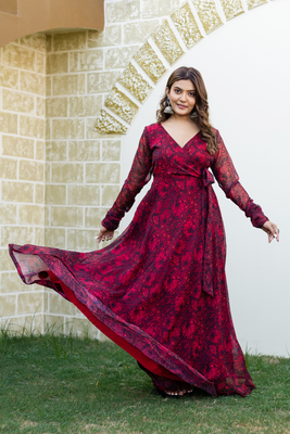 Scarlet red floral printed georgette angharkha gown 3