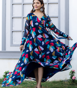Royal blue floral printed georgette long kurti