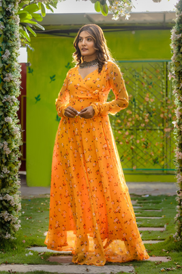 Yellow printed georgette angharkha gown 1