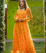 Yellow printed georgette angharkha gown