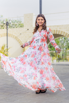 White floral print georgette angharkha gown 1