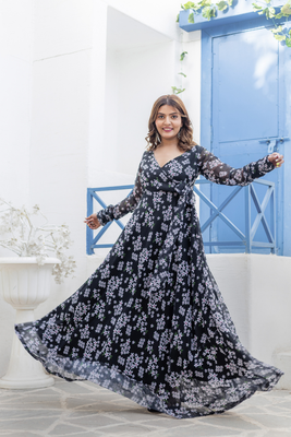 Black floral print georgette anghrakha 1