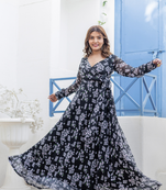 Black floral print georgette anghrakha