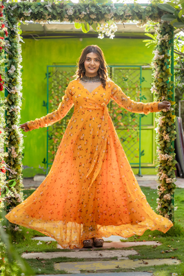 Yellow printed georgette angharkha gown 2