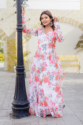 White floral print georgette angharkha gown 2