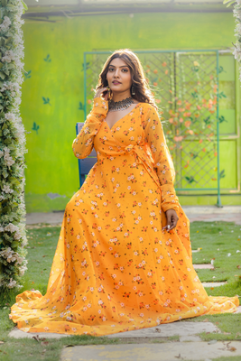 Yellow printed georgette angharkha gown 3