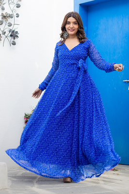 Vibrant blue bandhani print angharkha long kurti 1
