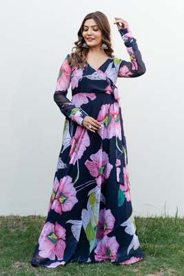 Royal blue color floral printed georgette long kurti 1
