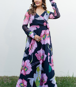 Royal blue color floral printed georgette long kurti