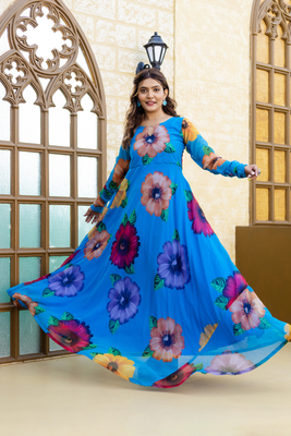 Blue floral elegance georgette angharkha with full sleeves 1