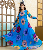 Blue floral elegance georgette angharkha with full sleeves