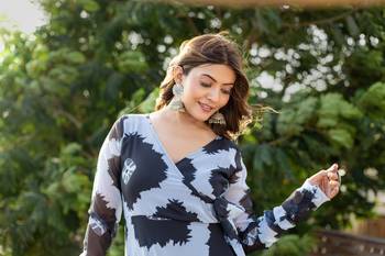 Elegant black georgette printed anarkali gown with angharkha neckline 4