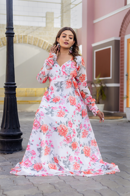 White floral print georgette angharkha gown 3