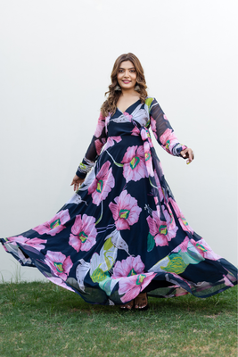 Royal blue color floral printed georgette long kurti 2