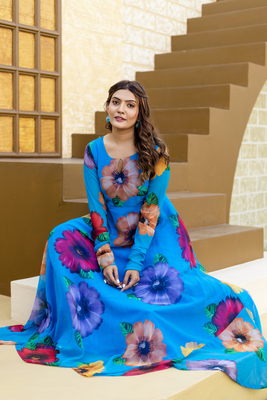 Blue floral elegance georgette angharkha with full sleeves 3